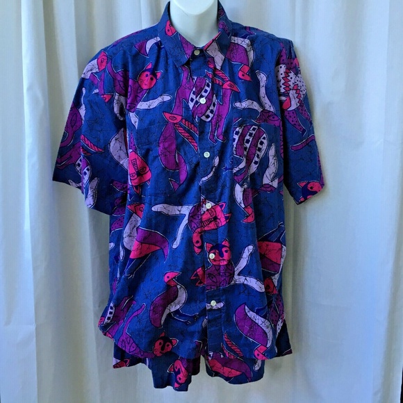 Shirt & Shorts SET Vintage 90s Cats Print Purple Pink Primitive Art Swim Beach M - Picture 6 of 11